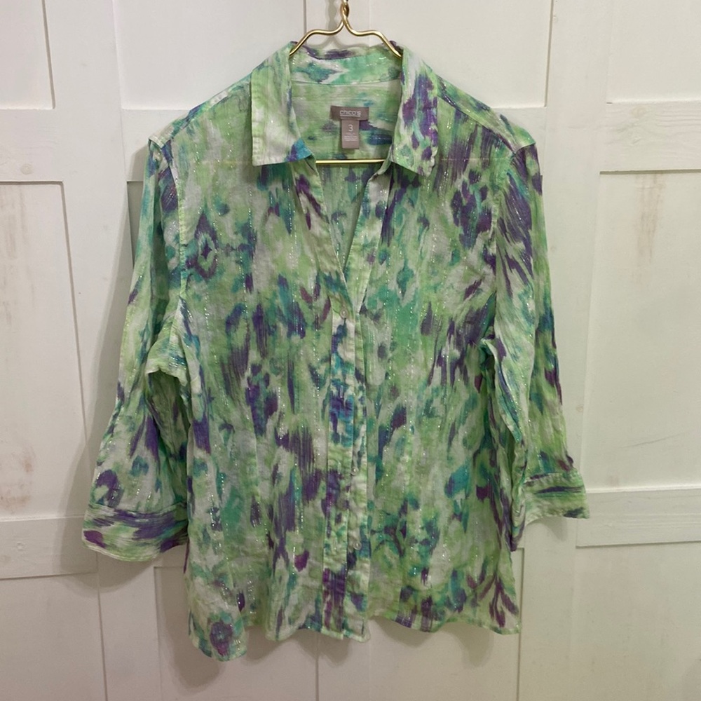 Chico’s Green Purple Metallic Thread Button Down Women’s Blouse Size 3 XL